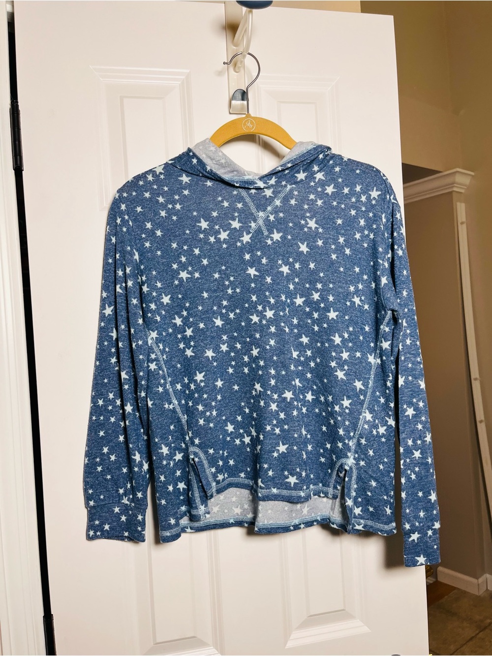Lands End Girls Blue Star Knit Hoodie Sweater Size L 14 Cozy Kids